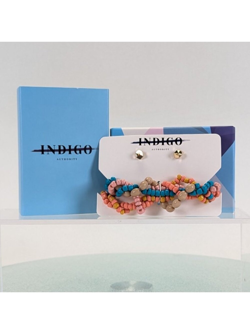 Indigo Authority Beaded Bracelet & Gold-Tone Stud Earrings Gift Set NIB